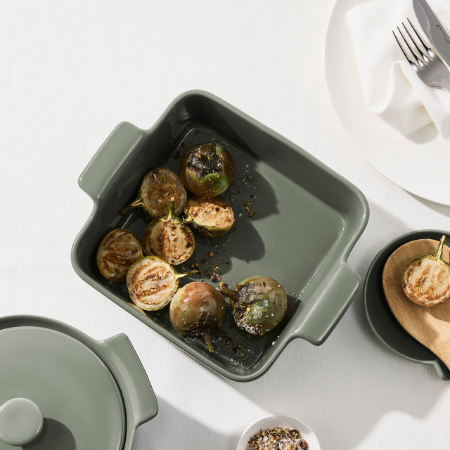 Maxwell & Williams Indulgence Square Dish, 19cm - Sage on table with veg