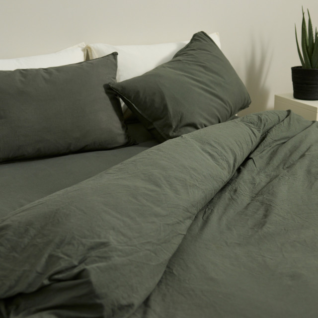 Thread Office Deep Green Washed Cotton Duvet Cover Set - Double