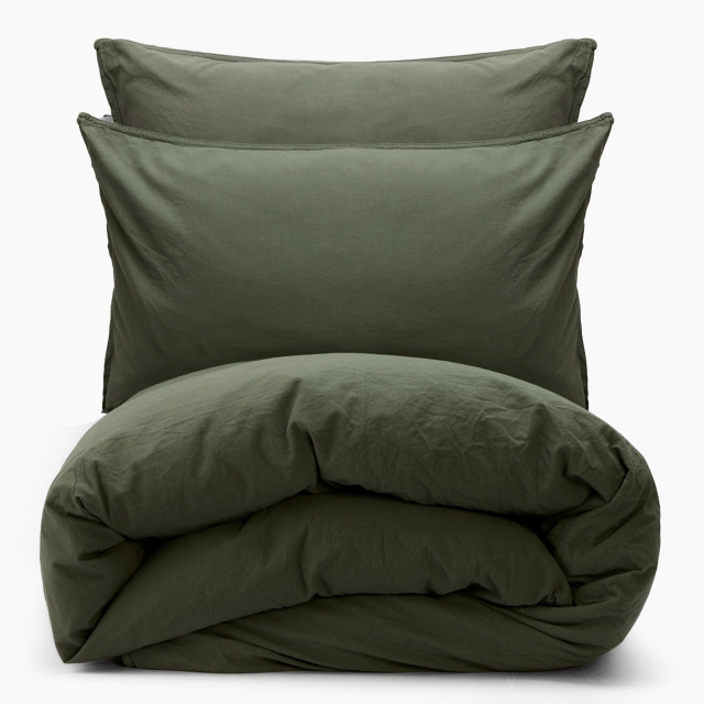 Thread Office Deep Green Washed Cotton Duvet Cover Set - Double