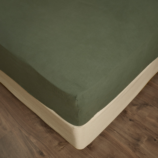 Thread Office Deep Green Washed Cotton Fitted Sheet - King