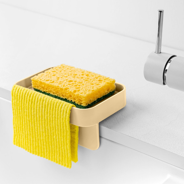 Blim Plus Battigia Sponge Holder - Desert Light with a sponge and a cloth