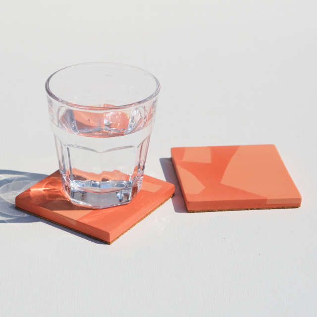 Alkaline Chunky Terrazzo Square Coasters, Set of 2 - Two-Tone Orange with a glass