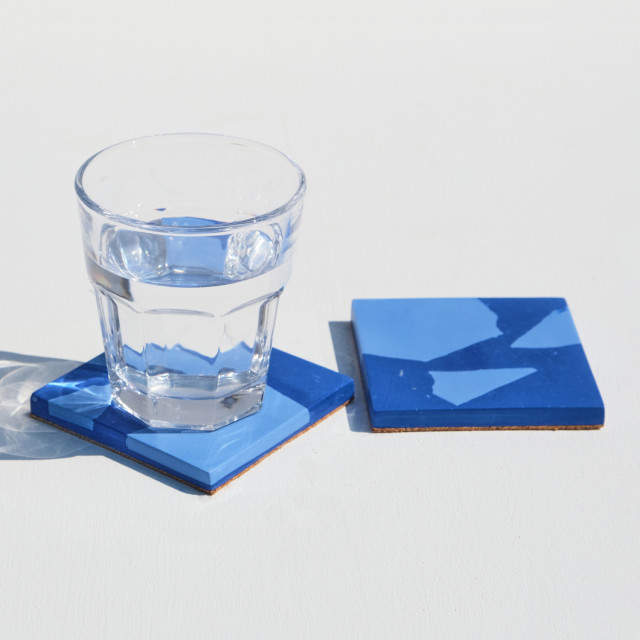 Alkaline Chunky Terrazzo Square Coasters, Set of 2 - Two-Tone Blue with a glass