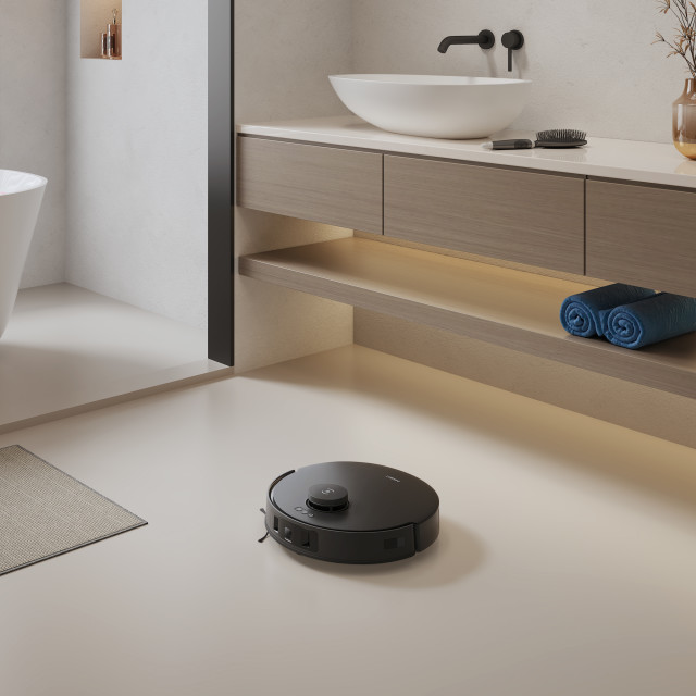 Ecovacs Deebot T30 Omni Robot Vacuum Cleaner on the bathroom floor