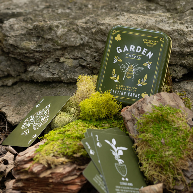 Gentlemens Hardware Garden Trivia Playing Cards on the ground