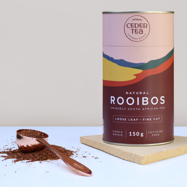 Ceder Tea Loose Leaf Fine Cut Rooibos Tea, 150g on the table