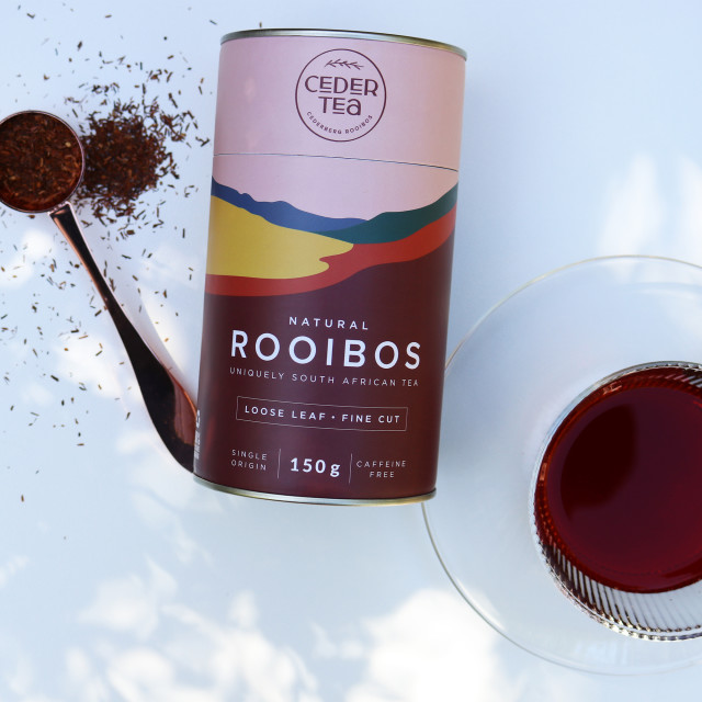 Ceder Tea Loose Leaf Fine Cut Rooibos Tea, 150g on the table