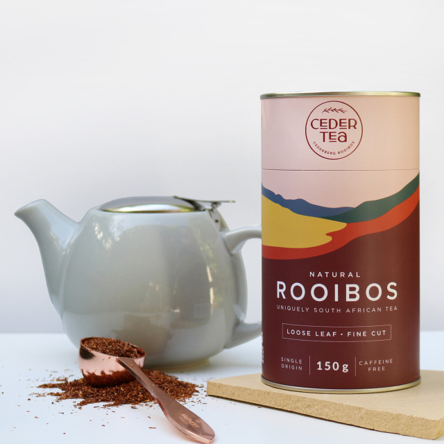 Ceder Tea Loose Leaf Fine Cut Rooibos Tea, 150g on the table