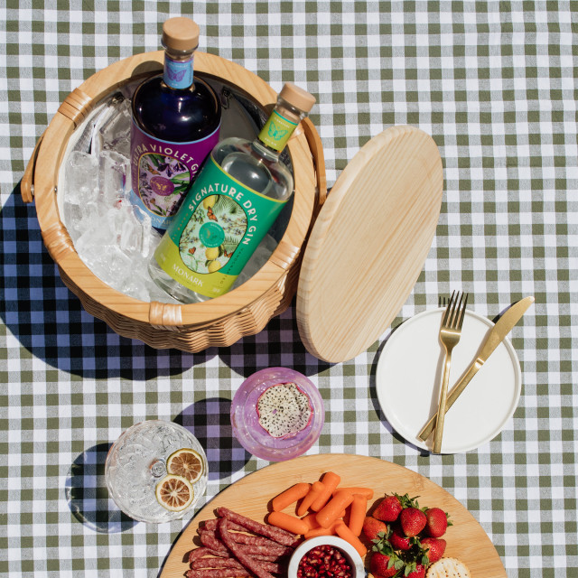 Monark Distillery Flagship Duo Gift Set on a picnic blanket