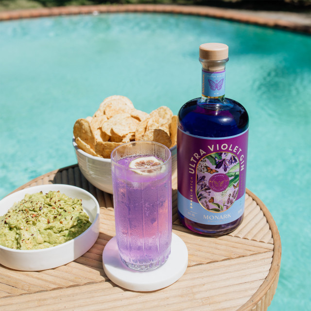 Monark Distillery Ultra Violet Gin, 750ml with a cocktail glass