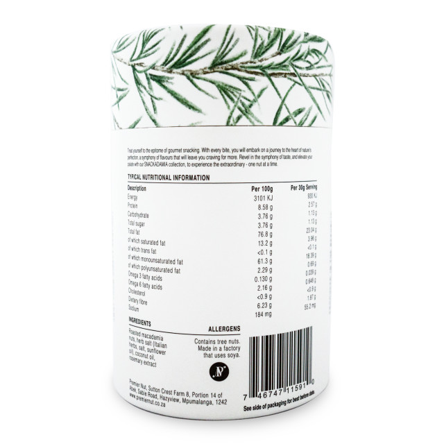 Snackadamia Gourmet Roasted and Herb Salt Macadamia Nuts - Small back of product