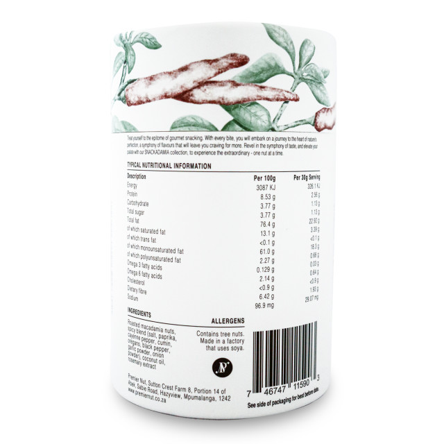 Snackadamia Gourmet Roasted and Spicy Macadamia Nuts - Small back of product