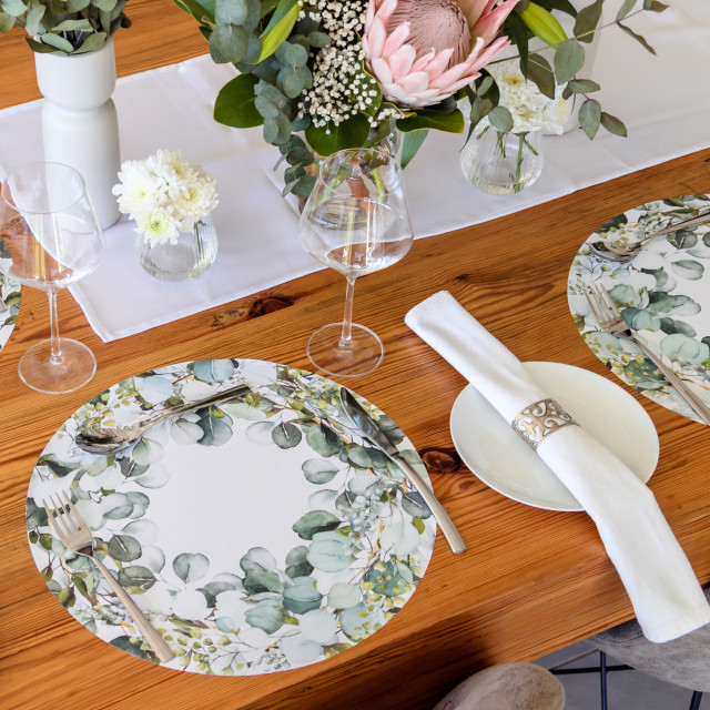 Skoert Eucalyptus Disposable Placemats, Pack of 25 on the table with cutlery