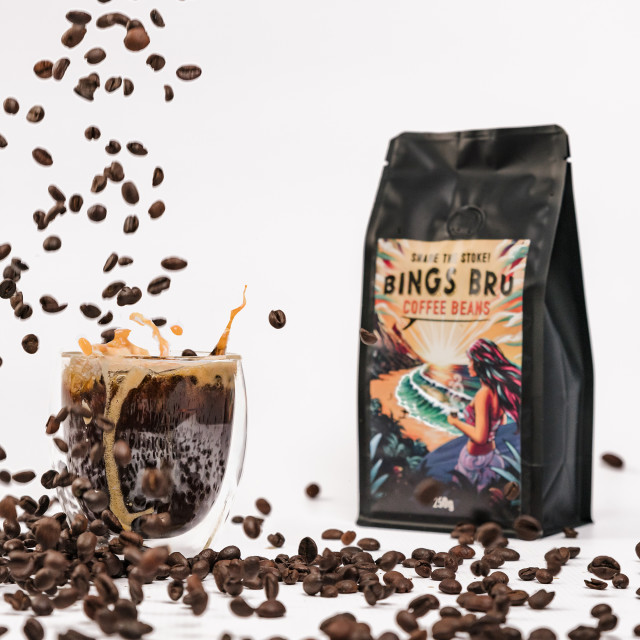 Bings Bru Blend Coffee Beans - 250g with mug of coffee and coffee beans