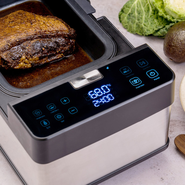SousChef The Space Neovide NSV100 All-In-One Sous Vide Cooker open in use with meat