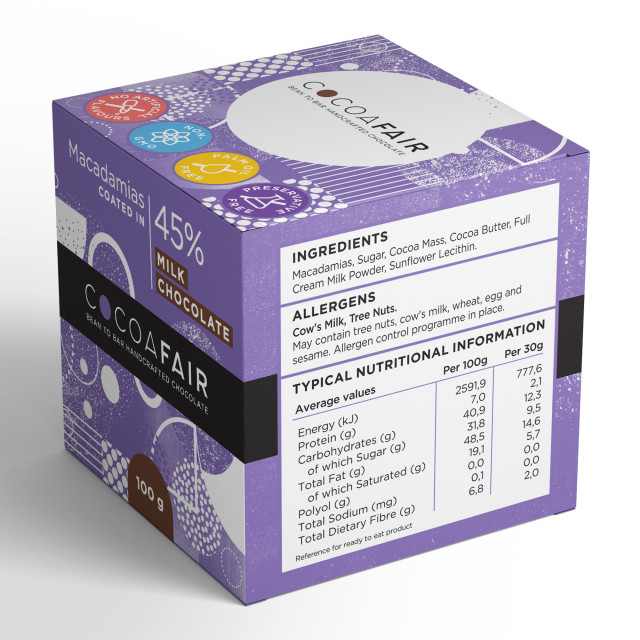 Cocoafair Macadamias in 45% Milk Chocolate angle