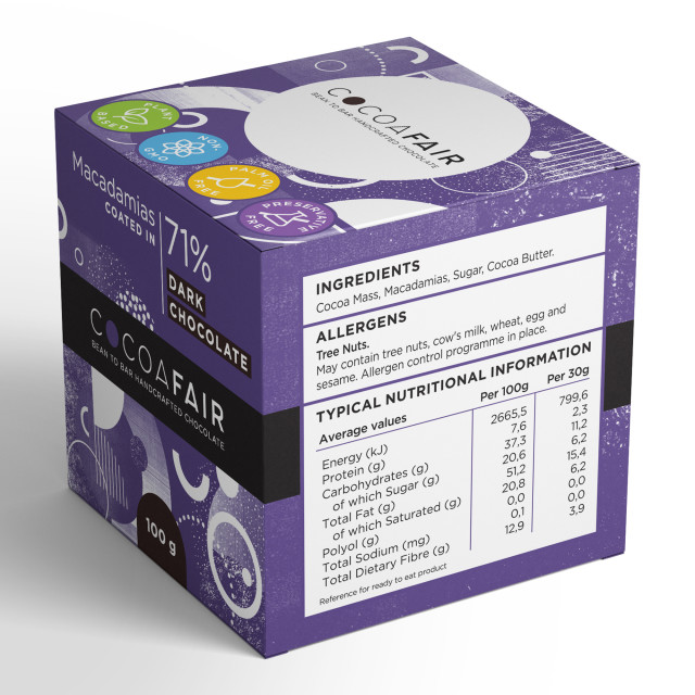Cocoafair Macadamias in 71% Dark Chocolate angle