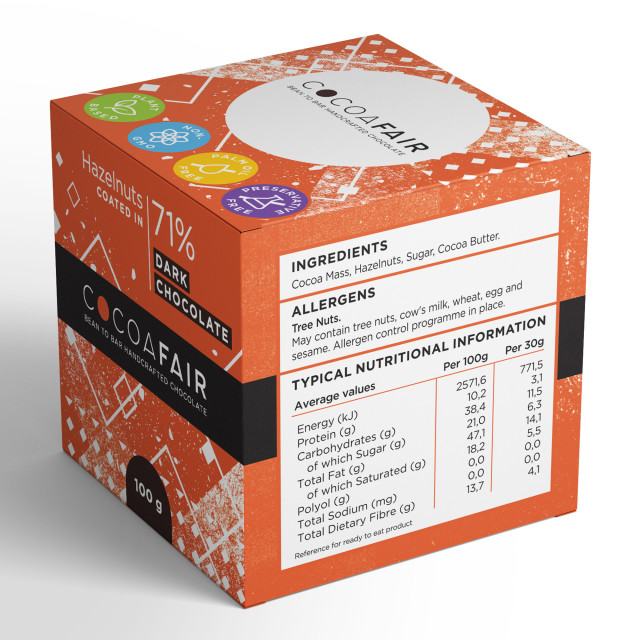 Cocoafair Hazelnuts in 71% Dark Chocolate angle