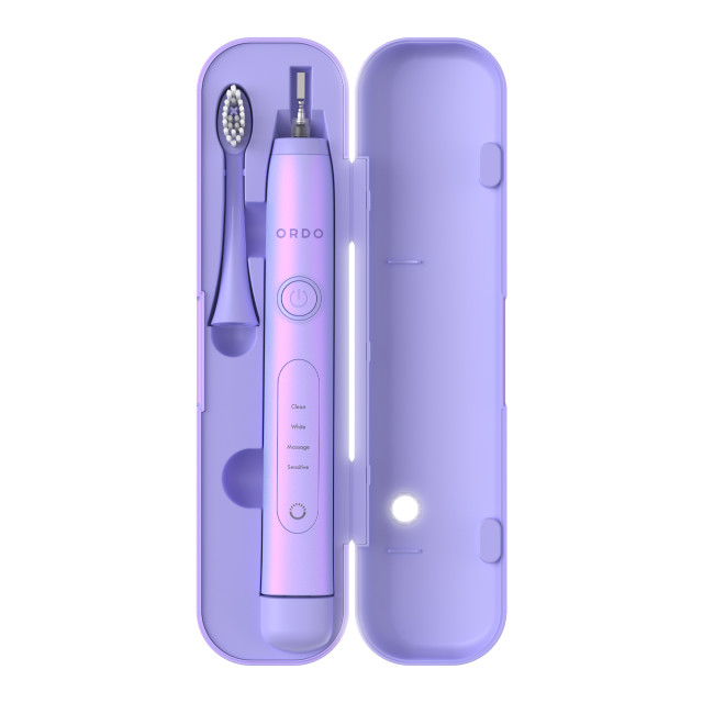 Ordo Sonic Plus Toothbrush & Charging Travel Case - Pearl Violet showing the product at and angle