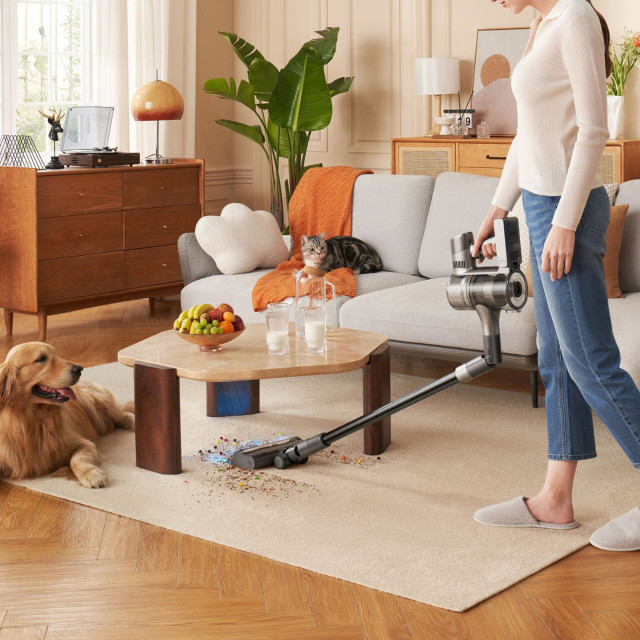 Dreame R20 Cordless Stick Vacuum Cleaner, 570W - Silver cleaning under coffee table
