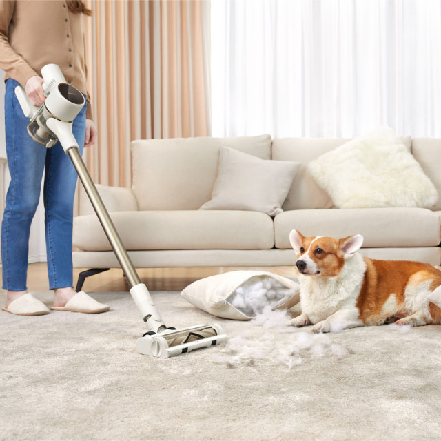 Dreame R10 Cordless Stick Vacuum Cleaner, 350W - Rose Gold cleaning up fluff from broken pillow