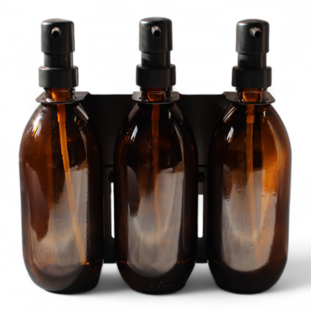 Joon Matte Black Adjustable Dispenser with Amber Bottle - Triple angle