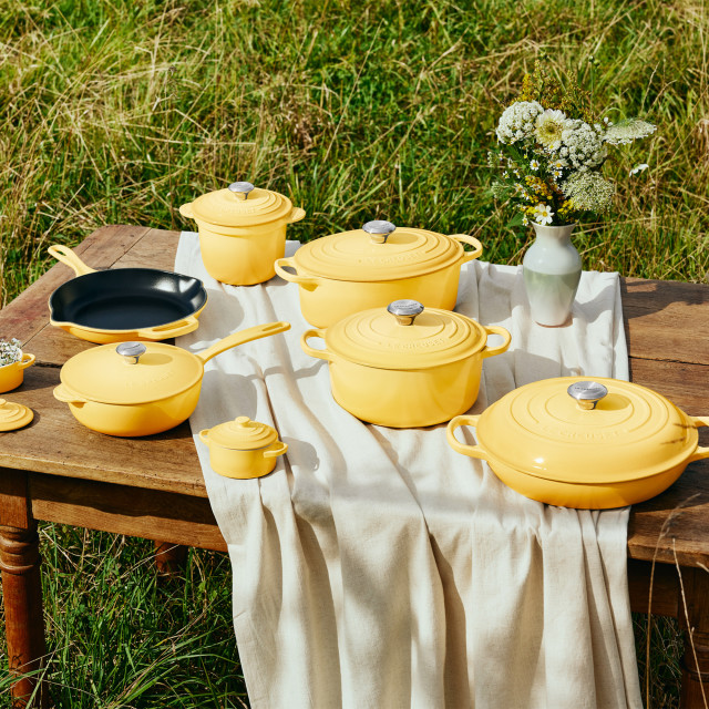 Le Creuset Chamomile Signature 5.3 Litre Round Cocotte, 26cm on the table