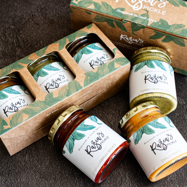 Razia's Pickle Sauce Trio Gift Set on the table