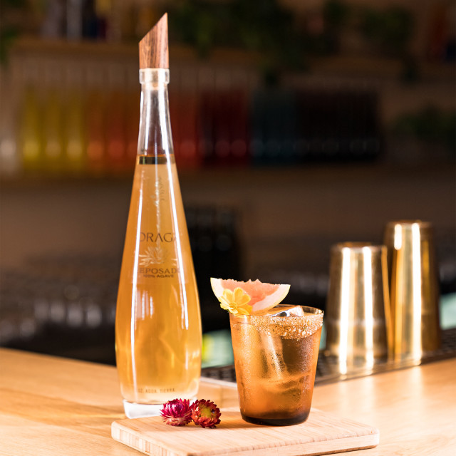 Oraga Agave Reposado, 750ml with a glass