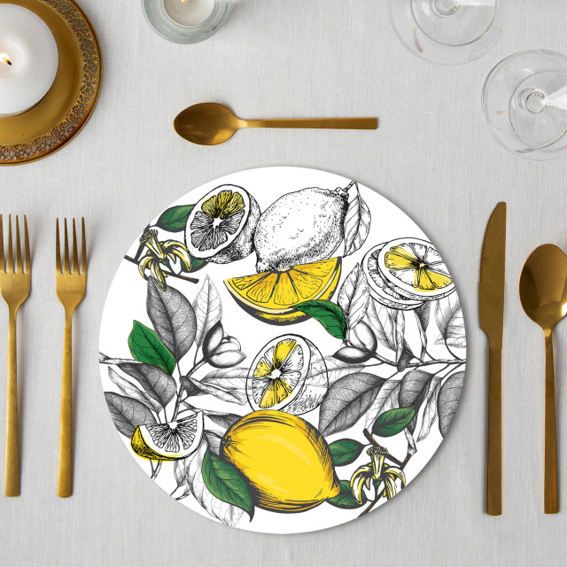 Simply Placemats Lemon Paper Place Mat, Pack of 24 on the table
