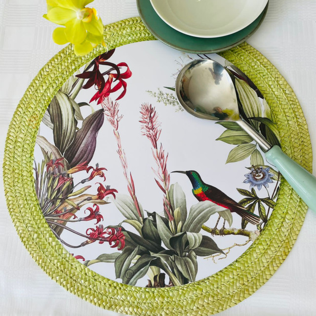 Simply Placemats Botanical Bird Paper Place Mat, Pack of 24 on the table