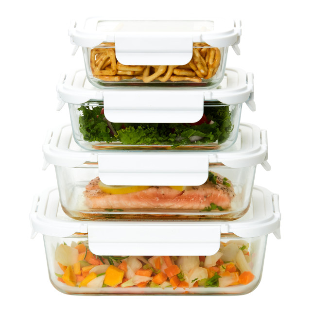 Kitchen Pro VersaLock Rectangular Glass Container - 640ml detail with other sizes