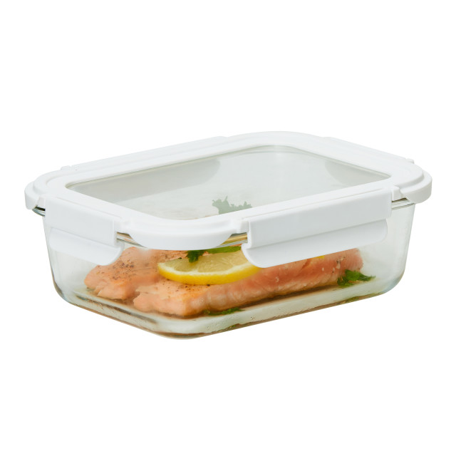 Kitchen Pro VersaLock Rectangular Glass Container - 640ml detail with salmon