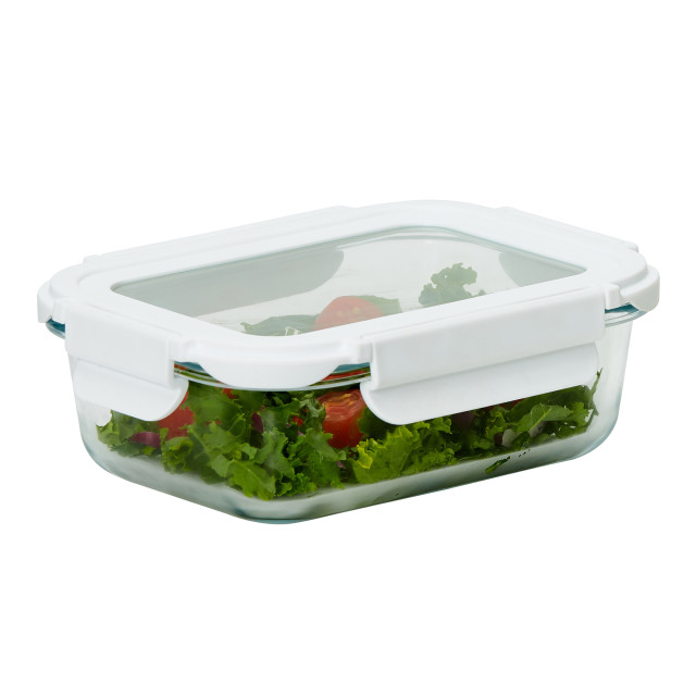 Kitchen Pro VersaLock Rectangular Glass Container - 640ml detail with green salad