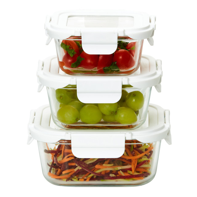 Kitchen Pro VersaLock Square Glass Container - 800ml detail with other sizes