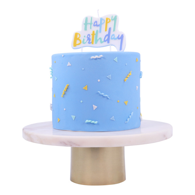 PME Multicolour Happy Birthday Candle - Blue detail on a cake