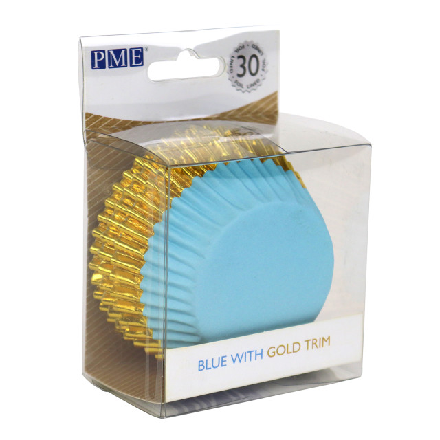 PME Foil Lined Cupcake Cases, Pack of 30 - Blue with Gold Foil Trim packaging