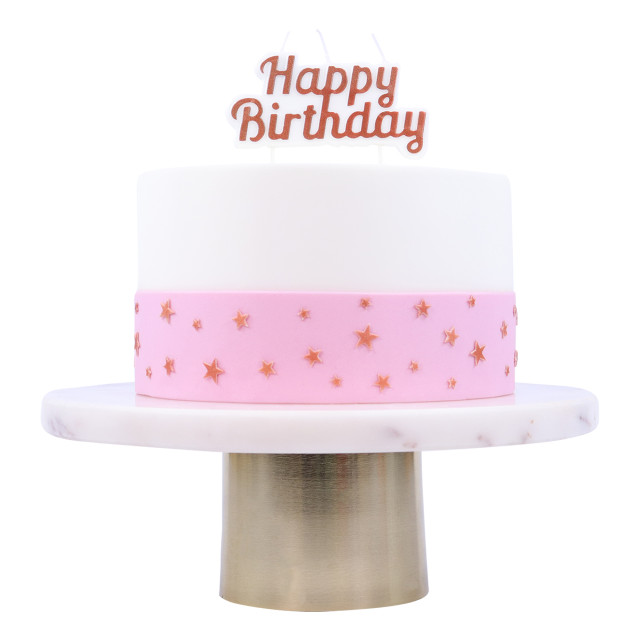 PME Happy Birthday Candle - Rose Gold detail on a cake