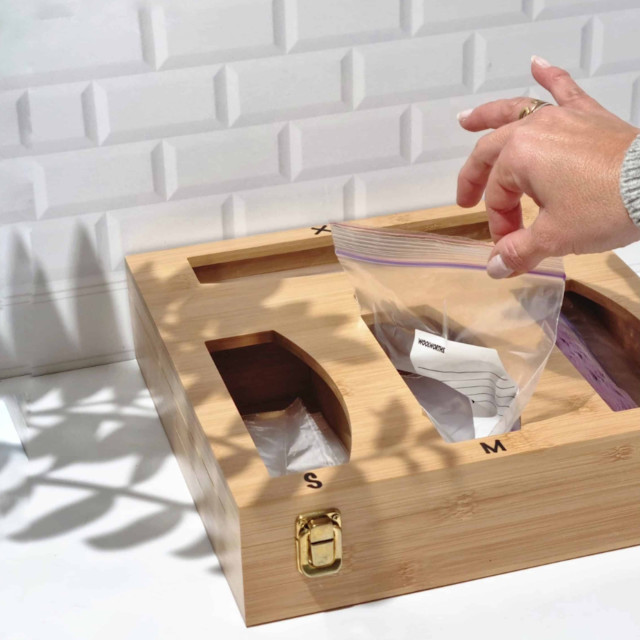 Trendz Of Today Bamboo Holder for Sandwich/Zip Lock Bags on the table