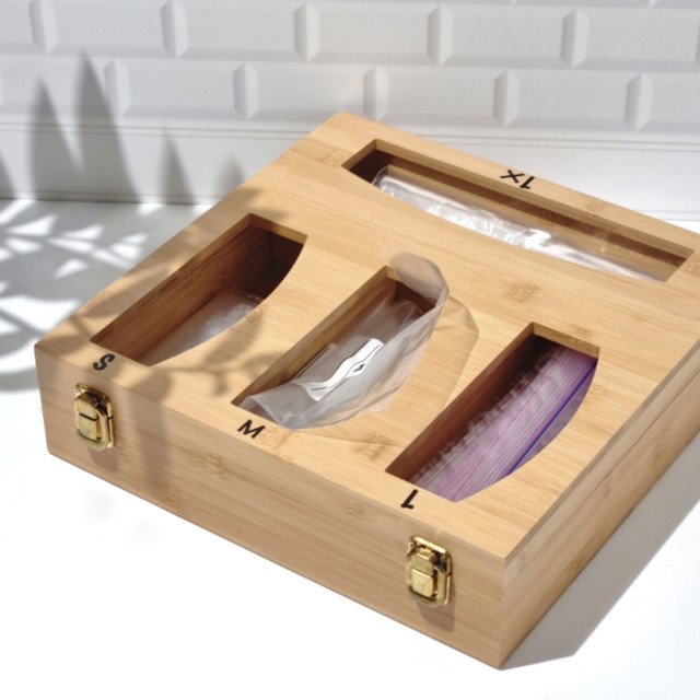 Trendz Of Today Bamboo Holder for Sandwich/Zip Lock Bags on the table