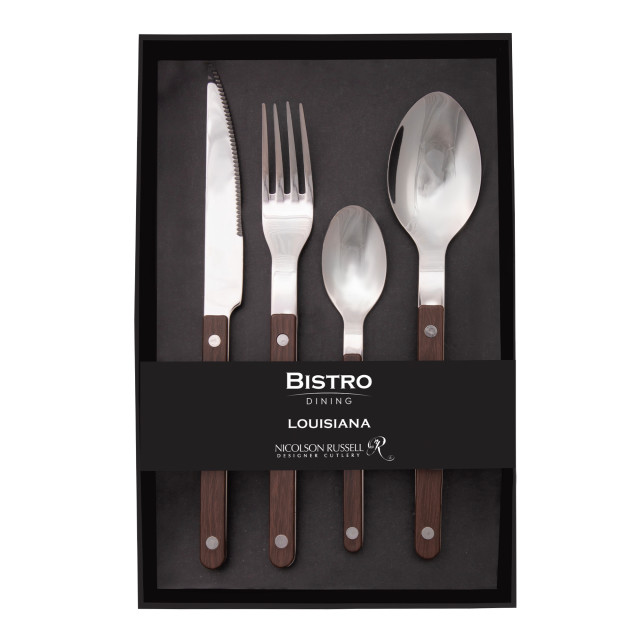 Nicolson Russell Louisiana Dark Wood Cutlery Set, 16-Piece packaging
