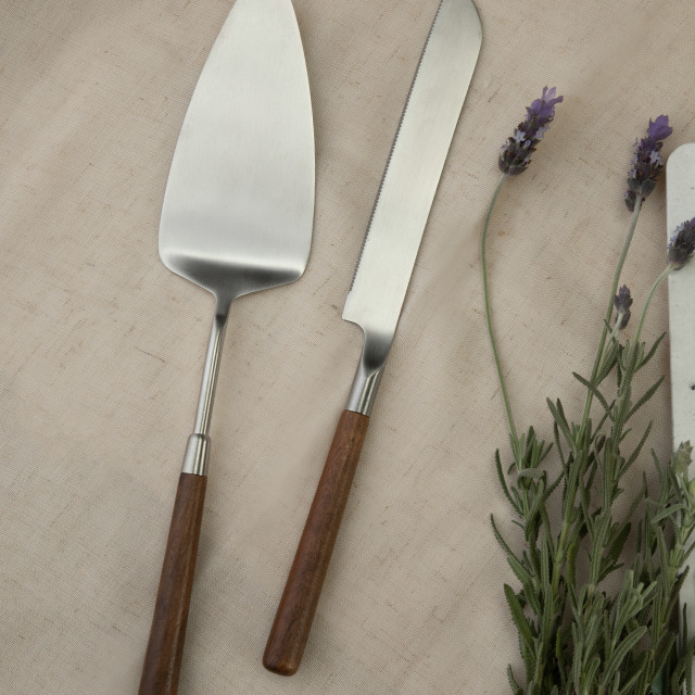 Nicolson Russell Wooden Cake Knife & Server, Set of 2 on the table