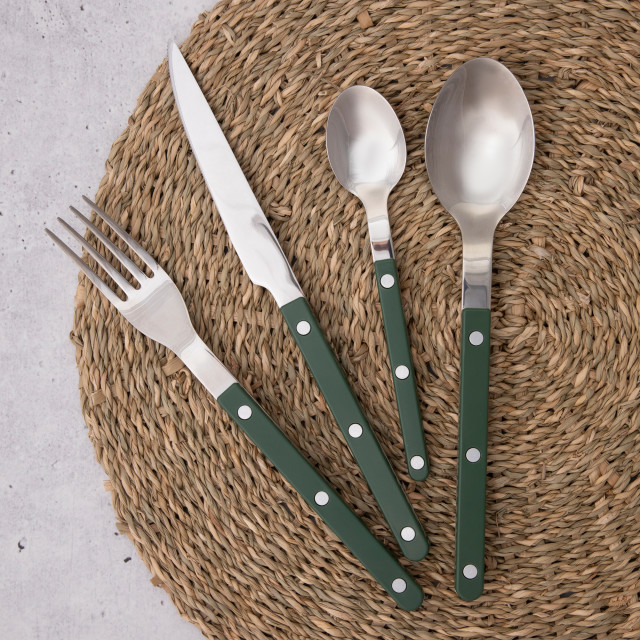 Nicolson Russell Louisiana Cutlery Set, 16-Piece - Dark Green on a table mat