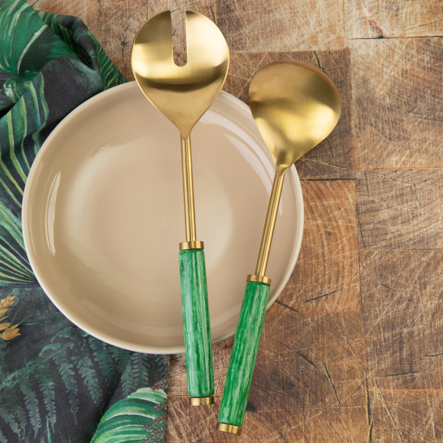 Nicolson Russell Goa Gold & Green Salad Servers, Set of 2 on the table