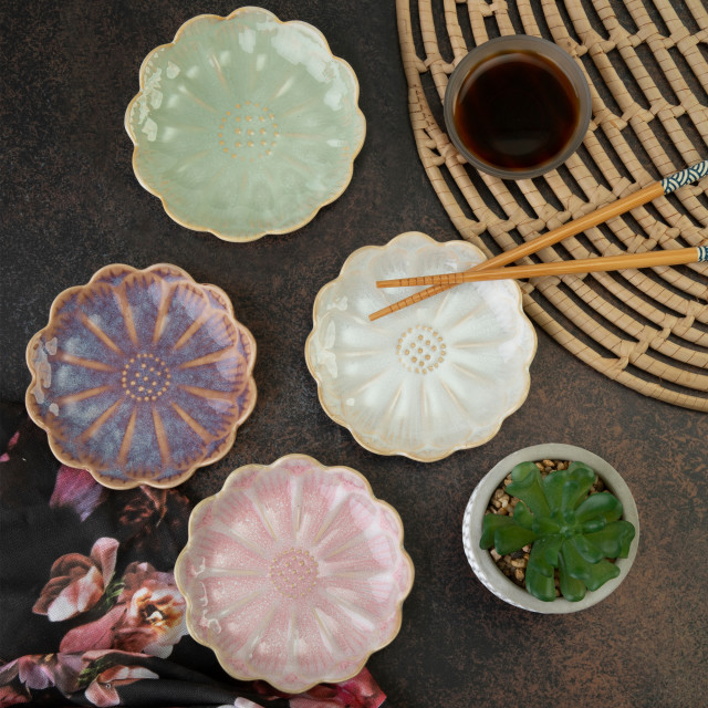 Nicolson Russell Japanese Lotus Dipping Dishes, Set of 4 - Pink and Purple on the table