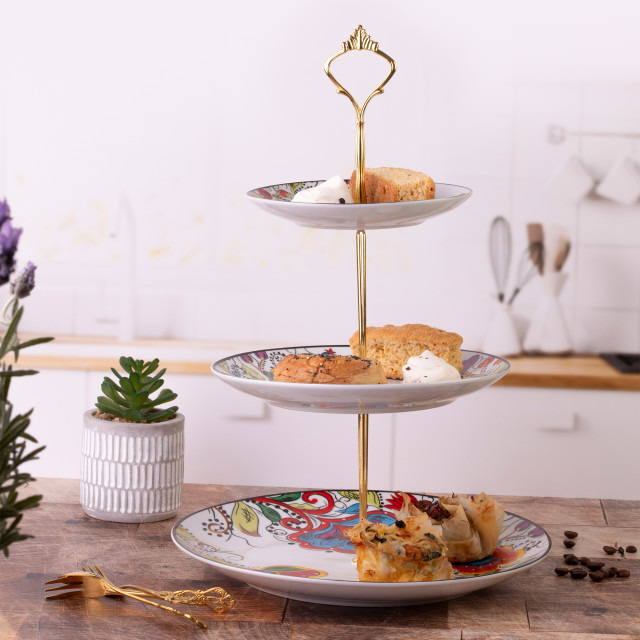 Nicolson Russell 3-Tiered Floral Cake Stand with sweet treats 