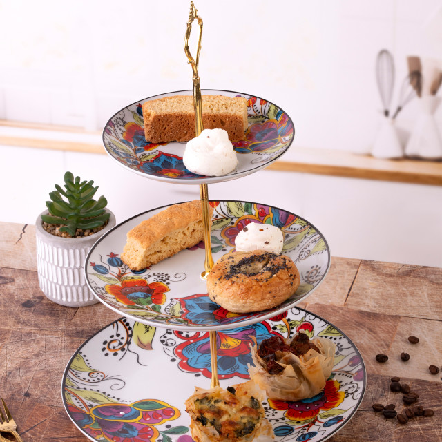 Nicolson Russell 3-Tiered Floral Cake Stand with sweet treats 