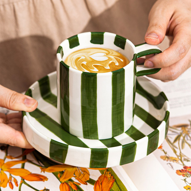 Nicolson Russell Chelsea Striped Cup & Plate, Set of 2 - Green  with coffee