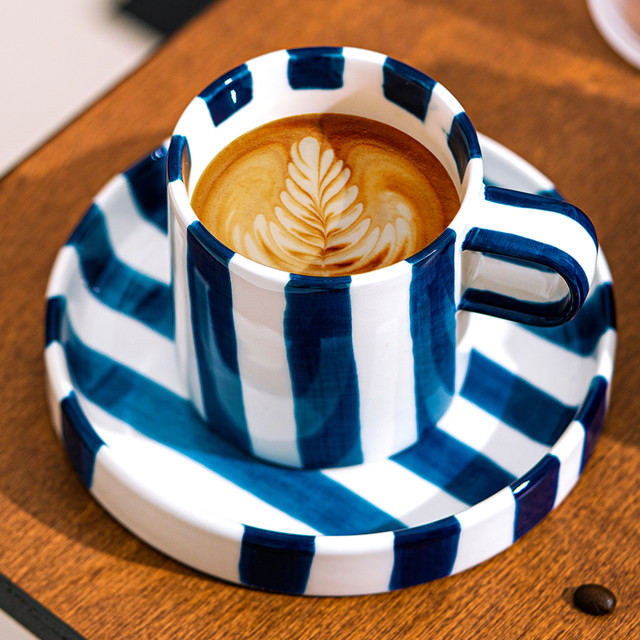 Nicolson Russell Chelsea Striped Cup & Plate, Set of 2 - Blue with coffee