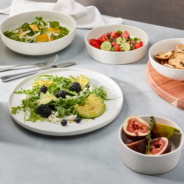 Maxwell & Williams Onni Coupe Bowl, Set of 4 with food on the table
